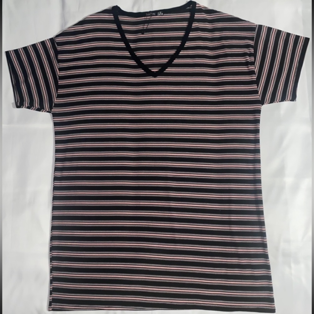 Boohoo Striped Short Sleeve V-Neck Pink, Black & White T-Shirt Dress